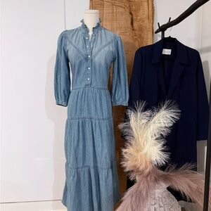 ba&sh Blue Tiered Buttoned Sundress with Mandarin Collar